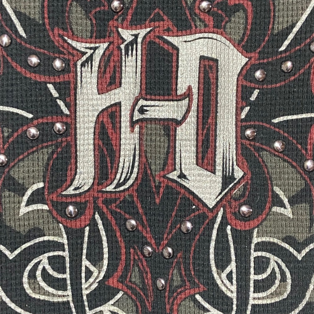 2009 Harley Davidson Women's L Black Graphic Hoodie Rivets Thermal LS Henley - Picture 7 of 13